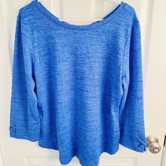 T By Talbots Top 100% Cotton 3/4 Sleeve Womens L Blue Surplice Back Lace Cuffs - Picture 3 of 7